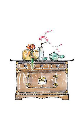 PSD 한국문화 한국전통 일러스트 캘리그라피 붓터치 사람없음 꽃병 보자기 찻주전자 매화 번짐 고가구 전통생활용품 국내일러스트 동양문화 전통 꽃 가구 주전자 한국 전통용품 파일형식 천_직물 효과