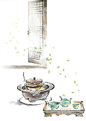 PSD 한국전통 일러스트 캘리그라피 붓터치 나뭇잎 사람없음 사발 냄비 찻주전자 문살 번짐 전통문 화로 나무탁자 흩날리기 국내일러스트 전통 그릇 잎 모션 탁자 주전자 한국 문 사기그릇 솥 파일형식 효과