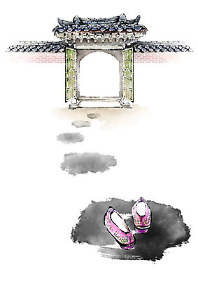 PSD 한국전통 일러스트 캘리그라피 붓터치 사람없음 문 번짐 꽃신 기와담장 국내일러스트 전통 신발 전통소품 한국 기와 담장 파일형식 효과