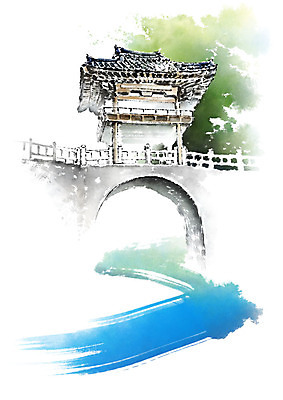 PSD 나무 한국전통 고건축 일러스트 캘리그라피 붓터치 사람없음 물 강 개울 정자 번짐 돌다리 국내일러스트 자연요소 식물 전통 건축물 한국 다리_건축물 파일형식 효과