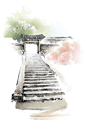 PSD 나무 한국전통 일러스트 캘리그라피 붓터치 기와집 사람없음 문 계단 번짐 국내일러스트 식물 전통 한옥 한국 파일형식 효과