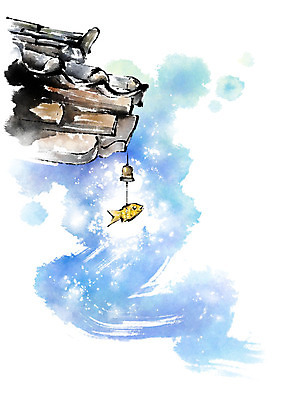 PSD 한국전통 일러스트 캘리그라피 하늘 붓터치 매달리기 기와 어류 풍경 사람없음 종 번짐 처마끝 국내일러스트 전통 모션 한국 수중동물 파일형식 효과