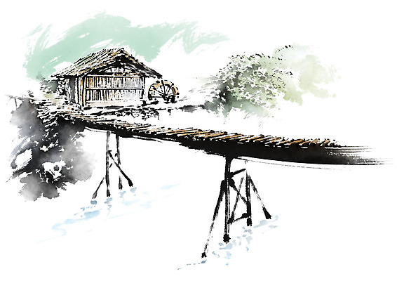 PSD 나무 한국전통 일러스트 캘리그라피 붓터치 초가집 사람없음 개울 숲 번짐 물레 가교 국내일러스트 식물 전통 건축물 한옥 한국 강 파일형식 효과