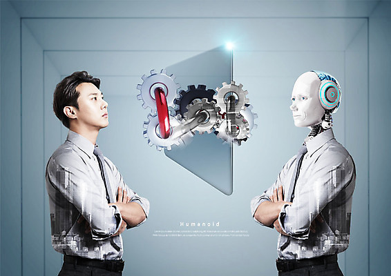 PSD 편집이미지 응시 남자 비즈니스 미래 한명 서기 사람 정장 상반신 20대 성인 빛 팔짱 한국인 비즈니스맨 고리 스마트 톱니바퀴 IT산업 휴머노이드 4차산업 미래산업 이미지편집 1 시선 옷 산업 컨셉 모션 정보기술 동양인 청년 직장인 로봇 파일형식