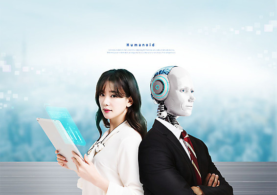 PSD 편집이미지 응시 여자 비즈니스 그래프 한명 사람 정장 상반신 성인 30대 태블릿 팔짱 스크린 한국인 등맞대기 비즈니스맨 비즈니스우먼 스마트 로봇 IT산업 휴머노이드 4차산업 이미지편집 1 시선 옷 남자 산업 컨셉 모션 정보기술 동양인 장년 전자제품 스마트기기 직장인 파일형식