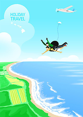 전신 PSD 여자 남자 바다 여행 일러스트 하늘 팔벌리기 휴가 논 사람 초원 성인 두명 공중 손들기 도전 경비행기 낙하산 패러글라이딩 안식처 국내일러스트 스포츠 농업 모션 휴식 비행기 파일형식