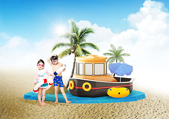 전신 PSD 구름 편집이미지 여자 남자 수영복 어린이 요트 사람 해변 두명 여름 모래사장 야자수 한국인 파라솔 물안경 튜브 어린이만 이미지편집 자연요소 나무 옷 계절 바다 배_교통 동양인 수영용품 파일형식