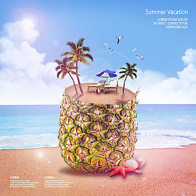 PSD 구름 편집이미지 물결 파도 바다 여러마리 갈매기 하늘 조개 불가사리 해변 사람없음 여름 여름휴가 바캉스 야자수 파라솔 비치볼 파인애플 선베드 이미지편집 자연요소 나무 계절 다수 의자 과일 공 조류 휴가 어패류 극피동물 바캉스용품 열대과일 파일형식 여름_계절