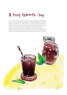 PSD 음료 일러스트 유리병 잔 빨대 사람없음 여름 갈색 식탁보 풀잎 시원함 국내일러스트 식기 계절 컬러 잎 병_용기 풀_식물 파일형식