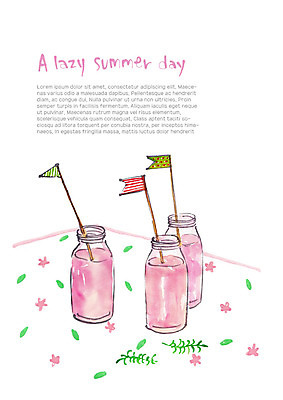 PSD 음료 분홍색 꽃무늬 일러스트 유리병 사람없음 여름 식탁보 깃발 풀잎 시원함 세잔 국내일러스트 계절 꽃 컬러 잎 무늬 병_용기 3 풀_식물 파일형식