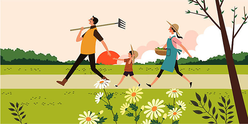 전신 나무 구름 여자 남자 어린이 일러스트 가족 미소 사람 성인 세명 바구니 걷기 앞치마 들꽃 수확 시골 즐거움 일렬 귀농 풀숲 전원생활 곡괭이 들길 챙모자 국내일러스트 AI파일 자연요소 식물 모자_잡화 꽃 감정 길 농업 관계 모션 표정 생활 숲 파일형식 벡터