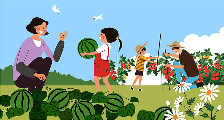 전신 여자 남자 어린이 두마리 토마토 일러스트 가족 조류 수박 미소 사람 여러명 성인 마주보기 농사 들꽃 수확 시골 OK 귀농 전원생활 국내일러스트 AI파일 동물 꽃 다수 2 농업 채소 과일 관계 모션 표정 손짓 생활 파일형식 벡터