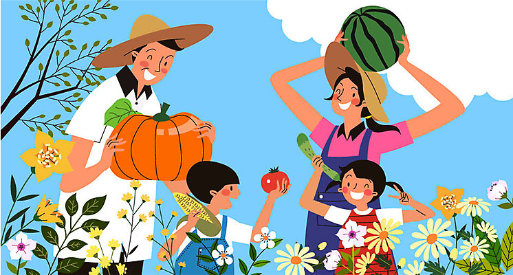 나무 구름 여자 남자 행복 어린이 토마토 일러스트 가족 오이 수박 옥수수 미소 들기 사람 여러명 상반신 성인 들꽃 수확 시골 즐거움 귀농 전원생활 늙은호박 국내일러스트 AI파일 자연요소 식물 꽃 감정 다수 농업 채소 과일 관계 모션 호박 곡류 표정 생활 파일형식 벡터