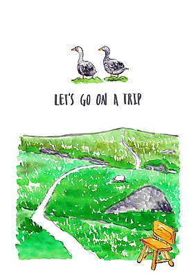 PSD 여행 두마리 일러스트 수채화 오리 풍경 잔디 초원 사람없음 바위 오솔길 언덕 나무의자 국내일러스트 식물 길 2 의자 조류 목재 돌_바위 파일형식