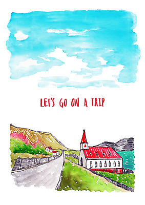 PSD 도로 바다 여행 일러스트 하늘 수채화 산 주택 풍경 해변 사람없음 교회 언덕 국내일러스트 길 종교건축 교통시설 건물 파일형식