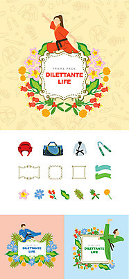 전신 여자 남자 꽃 포즈 일러스트 나뭇잎 프레임 도복 사람 상반신 성인 취미 세명 세트 무도 헬멧 심볼 전통무술 쌍절곤 운동가방 웹엘리먼트 국내일러스트 AI파일 식물 옷 스포츠 잎 가방 무도_무술 보호장비 엘리먼트 파일형식 벡터