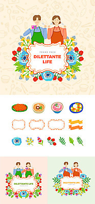 여자 남자 꽃 포크 일러스트 나뭇잎 프레임 미소 사람 여러명 상반신 성인 취미 세트 카메라 숟가락 사진촬영 앞치마 라면 떡볶이 분식 심볼 덮밥 웹엘리먼트 쫄면 국내일러스트 AI파일 식물 식기 음식 다수 잎 수저 표정 전자제품 촬영 면류 엘리먼트 파일형식 벡터