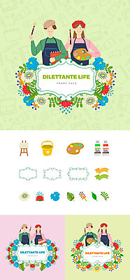 여자 남자 꽃 일러스트 나뭇잎 프레임 들기 사람 여러명 상반신 성인 취미 세트 앞치마 물감 붓 팔레트 양동이 심볼 스케치북 이젤 화가 웹엘리먼트 국내일러스트 AI파일 식물 직업 다수 잎 모션 학용품 미술도구 엘리먼트 파일형식 벡터