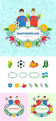 여자 남자 꽃 일러스트 축구공 축구용품 나뭇잎 프레임 미소 사람 여러명 상반신 성인 취미 세트 축구 심볼 축구복 축구화 골키퍼장갑 웹엘리먼트 국내일러스트 AI파일 식물 스포츠용품 다수 운동화 잎 공 표정 운동복 구기 글러브 엘리먼트 파일형식 벡터