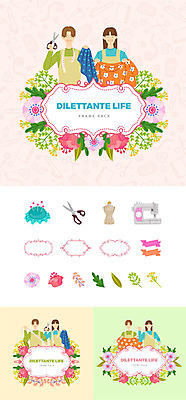 여자 남자 꽃 일러스트 나뭇잎 프레임 가위 줄자 사람 여러명 상반신 성인 취미 세트 직물 바늘 마네킹 재봉틀 바늘꽂이 심볼 재단 웹엘리먼트 국내일러스트 AI파일 식물 다수 잎 문구용품 자 도구 꽂이 엘리먼트 파일형식 벡터