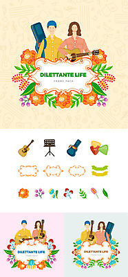 여자 남자 꽃 연주 일러스트 나뭇잎 프레임 미소 사람 여러명 상반신 성인 취미 세트 기타 보면대 통기타 심볼 기타케이스 메기 웹엘리먼트 피크 국내일러스트 AI파일 식물 음악 다수 잎 가방 현악기 표정 어류 엘리먼트 파일형식 벡터