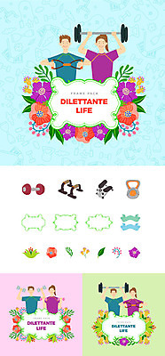 여자 남자 꽃 일러스트 나뭇잎 프레임 미소 들기 사람 여러명 상반신 성인 취미 운동복 세트 운동 운동기구 헬스 아령 역기 심볼 웹엘리먼트 푸쉬업바 헬스밴드 국내일러스트 AI파일 식물 옷 다수 잎 모션 표정 건강 엘리먼트 파일형식 벡터