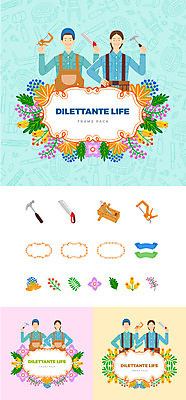 여자 남자 꽃 일러스트 나뭇잎 프레임 사람 여러명 상반신 성인 취미 세트 앞치마 칼 망치 심볼 목공예 톱 대패 웹엘리먼트 국내일러스트 AI파일 식물 다수 잎 공구 공예 엘리먼트 파일형식 벡터