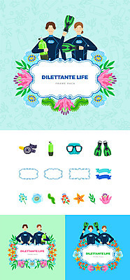 여자 남자 꽃 일러스트 나뭇잎 프레임 미소 들기 사람 여러명 상반신 성인 취미 세트 심볼 오리발 스쿠버다이빙 산소통 스킨스쿠버용품 스킨스쿠버장비 웹엘리먼트 국내일러스트 AI파일 식물 스포츠용품 다수 잎 모션 통 표정 수상스포츠 엘리먼트 파일형식 벡터