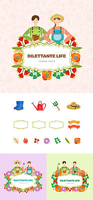 여자 남자 꽃 화분 일러스트 나뭇잎 프레임 장화 미소 들기 사람 여러명 상반신 성인 취미 세트 앞치마 물뿌리개 심볼 밀짚모자 웹엘리먼트 챙모자 호미 국내일러스트 AI파일 식물 모자_잡화 다수 신발 잎 모션 표정 농기구 엘리먼트 파일형식 벡터