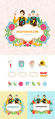 여자 남자 꽃 일러스트 나뭇잎 프레임 줄자 들기 사람 여러명 상반신 성인 취미 세트 앞치마 머리띠 심볼 페인트통 페인트롤러 목장갑 웹엘리먼트 국내일러스트 AI파일 식물 장갑 다수 잎 장신구 모션 통 자 페인트 엘리먼트 파일형식 벡터