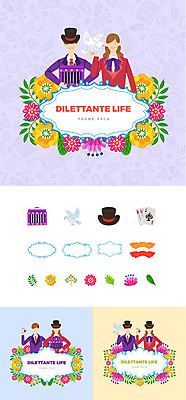 한마리 여자 남자 꽃 일러스트 나뭇잎 프레임 미소 사람 여러명 상반신 성인 취미 세트 마술사 트럼프 심볼 비둘기 마술사모자 아코디언 웹엘리먼트 국내일러스트 AI파일 식물 모자_잡화 1 다수 잎 조류 표정 놀이용품 마술 건반악기 엘리먼트 파일형식 벡터