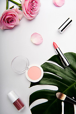 포토 JPG 스튜디오촬영 꽃잎 실내 사람없음 장식 장미 화장품 립스틱 오브젝트 매니큐어 아이섀도 메이크업브러쉬 몬스테라 열대잎 국내포토 식물 꽃 잎 내부 뷰티 붓 파일형식