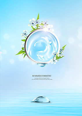 PSD 편집이미지 꽃 하늘색 나뭇잎 사람없음 뷰티 화장품 물방울 원형 이미지편집 도형 식물 잎 파란색 파일형식