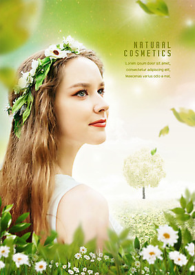 PSD 서양인 나무 편집이미지 응시 여자 꽃밭 나뭇잎 한명 사람 초원 상반신 20대 성인 빛 뷰티 화관 내추럴 이미지편집 외국인 식물 1 시선 꽃 잎 청년 파일형식