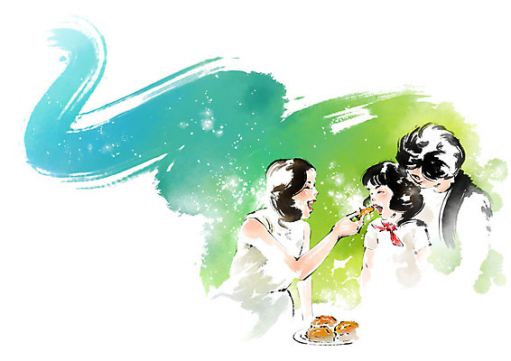 PSD 접시 응시 여자 노년 딸 할머니 어린이 빵 일러스트 캘리그라피 모녀 엄마 붓터치 사람 상반신 성인 세명 먹여주기 번짐 국내일러스트 식기 시선 음식 가족 먹기 파일형식 효과