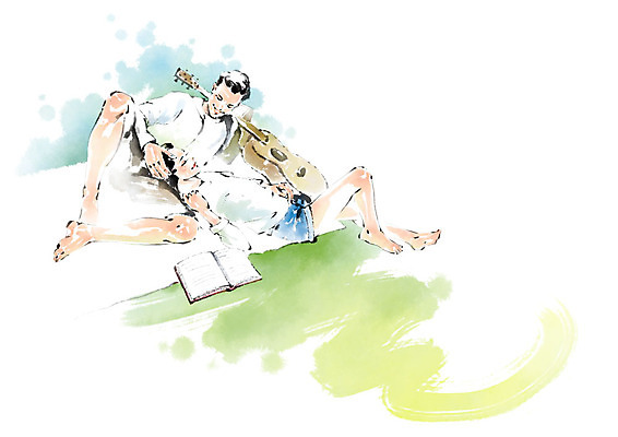 전신 PSD 커플 응시 여자 남자 일러스트 캘리그라피 붓터치 미소 사람 성인 두명 책 눕기 소풍 머리 눈감음 만지기 기타 돗자리 번짐 국내일러스트 시선 관계 모션 현악기 표정 신체부위 야외활동 파일형식 효과