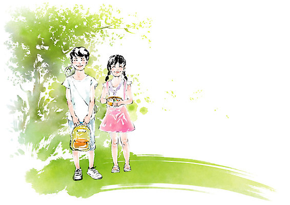 전신 PSD 나무 여자 남자 어린이 일러스트 캘리그라피 붓터치 책가방 남매 서기 미소 사람 두명 바구니 번짐 어린이만 국내일러스트 식물 가방 가족 모션 표정 파일형식 효과