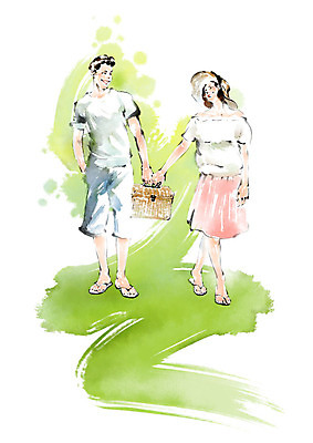 전신 PSD 커플 여자 남자 일러스트 캘리그라피 붓터치 미소 들기 사람 성인 두명 소풍 마주보기 번짐 소풍바구니 국내일러스트 관계 모션 표정 야외활동 바구니 파일형식 효과