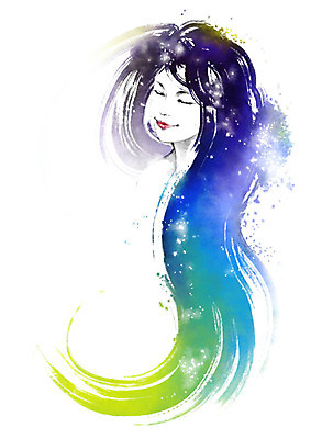 PSD 여자 일러스트 캘리그라피 붓터치 한명 미소 사람 상반신 성인 빛 반짝임 뷰티 머리카락 눈감음 번짐 국내일러스트 1 모션 표정 머리 파일형식 효과