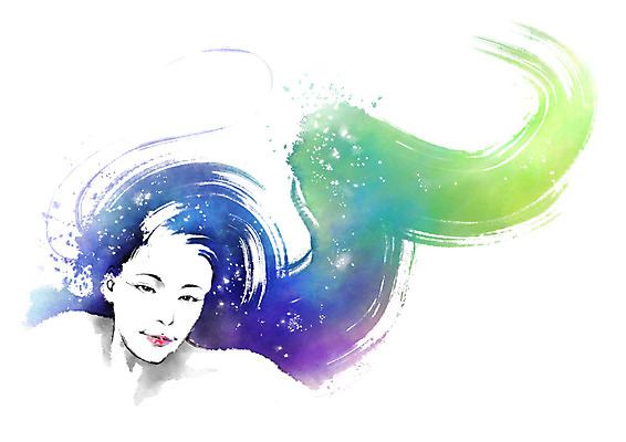 PSD 응시 여자 일러스트 캘리그라피 붓터치 한명 사람 상반신 성인 빛 반짝임 뷰티 머리카락 번짐 국내일러스트 1 시선 모션 머리 파일형식 효과