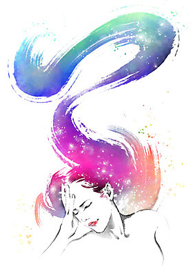 PSD 여자 일러스트 캘리그라피 붓터치 한명 사람 상반신 성인 빛 반짝임 머리카락 머리 눈감음 만지기 찡그림 번짐 국내일러스트 1 모션 표정 신체부위 파일형식 효과