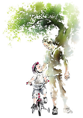 전신 PSD 나무 남자 어린이 일러스트 캘리그라피 붓터치 미소 사람 성인 두명 마주보기 헬멧 번짐 격려 세발자전거 국내일러스트 식물 감정 모션 표정 자전거 보호장비 파일형식 효과