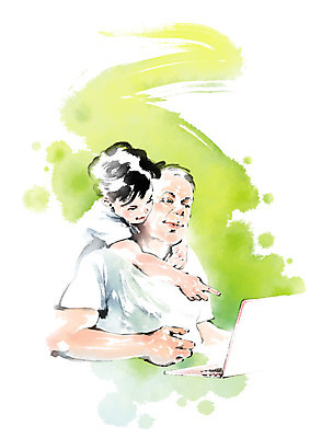 PSD 응시 할아버지 노년 남자 어린이 일러스트 캘리그라피 안기 붓터치 손자 미소 사람 상반신 두명 노트북 가리킴 어깨 번짐 국내일러스트 시선 모션 표정 손짓 성인 신체부위 전자제품 손주 파일형식 효과