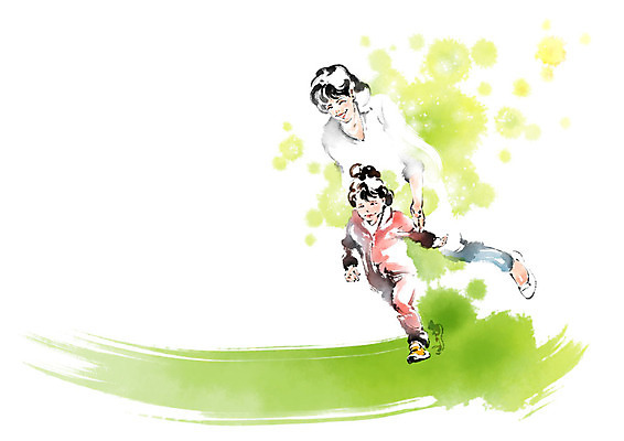 전신 PSD 여자 딸 어린이 일러스트 캘리그라피 모녀 엄마 붓터치 미소 사람 성인 두명 달리기 잡기 즐거움 번짐 국내일러스트 감정 가족 모션 표정 파일형식 효과