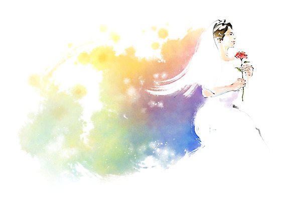 PSD 응시 여자 신부 웨딩드레스 일러스트 캘리그라피 붓터치 면사포 한명 사람 상반신 성인 장미 번짐 국내일러스트 1 시선 드레스 꽃 결혼 결혼소품 파일형식 효과