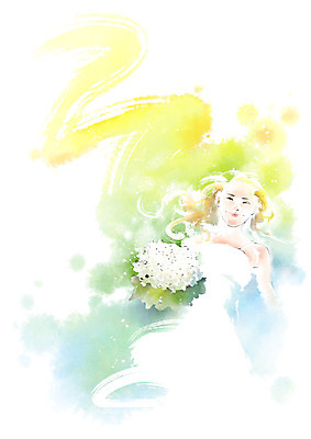 PSD 여자 부케 웨딩드레스 결혼 일러스트 캘리그라피 붓터치 한명 미소 사람 상반신 성인 번짐 국내일러스트 1 드레스 꽃다발 표정 이벤트 파일형식 효과