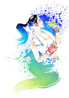 PSD 여자 일러스트 캘리그라피 붓터치 한명 사람 상반신 성인 수건 운동 헬스 물병 번짐 물마시기 헬스장갑 국내일러스트 1 장갑 건강 위생용품 마시기 물통 파일형식 효과