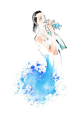 PSD 여자 일러스트 캘리그라피 붓터치 한명 미소 들기 사람 상반신 성인 수건 운동 물병 번짐 물마시기 국내일러스트 1 모션 표정 건강 위생용품 마시기 물통 파일형식 효과