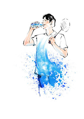 PSD 남자 일러스트 캘리그라피 붓터치 한명 사람 상반신 성인 운동복 배드민턴라켓 물병 번짐 물마시기 국내일러스트 1 옷 마시기 라켓 물통 파일형식 효과