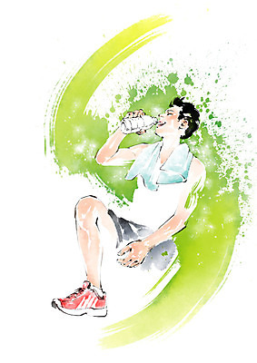 전신 PSD 남자 운동화 일러스트 캘리그라피 붓터치 휴식 한명 미소 사람 성인 수건 운동 물병 번짐 다리들기 물마시기 국내일러스트 1 신발 컨셉 모션 표정 건강 위생용품 마시기 물통 파일형식 효과